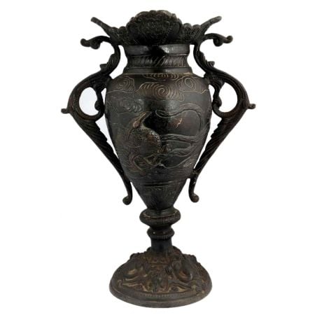 Black Brass Urn Flower Vase Mystical Birds Carved Pattern Clouds And Swirl Peacock Handles