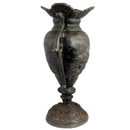 Black Brass Urn Flower Vase Mystical Birds Carved Pattern Clouds And Swirl Peacock Handles