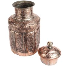 Carved Floral  Copper Cylindrical Storage Jar With Lid Finial