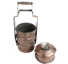 Copper Repousse Four Tier Lunch Box Caved With Floral Motifs