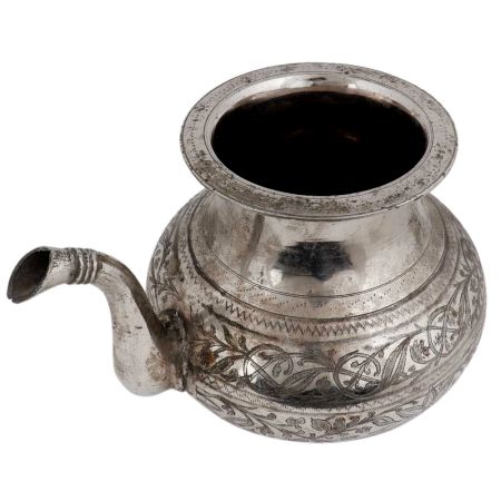 Brass Engraved Floral Design Water Pot With Spout With Silver Polish