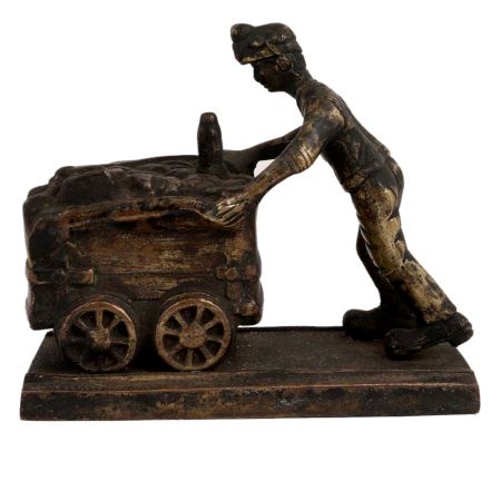 Brass Miner Statue  Pushing Coal On Wooden Plinth