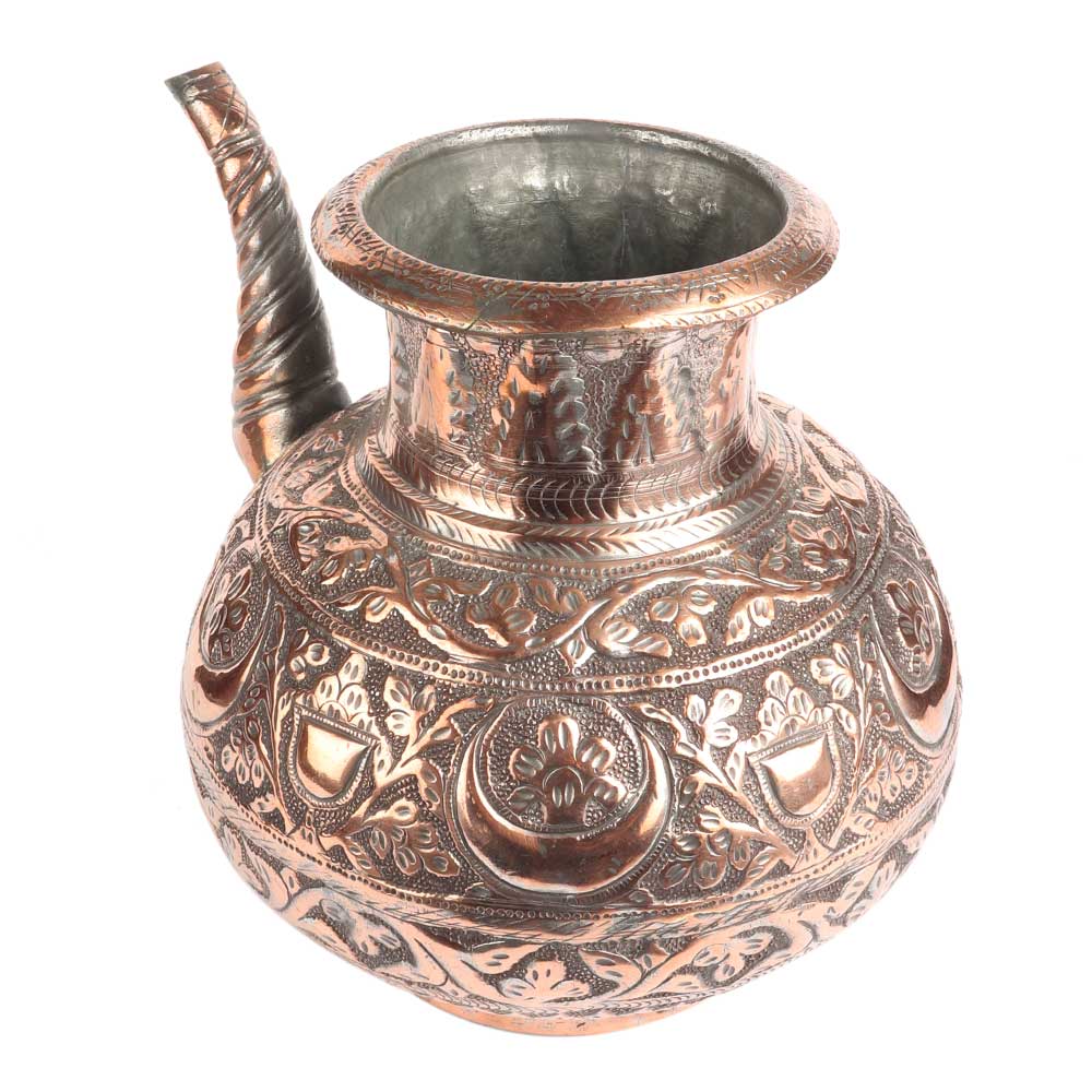 Embossed Floral Design Copper Water Pot With Stout