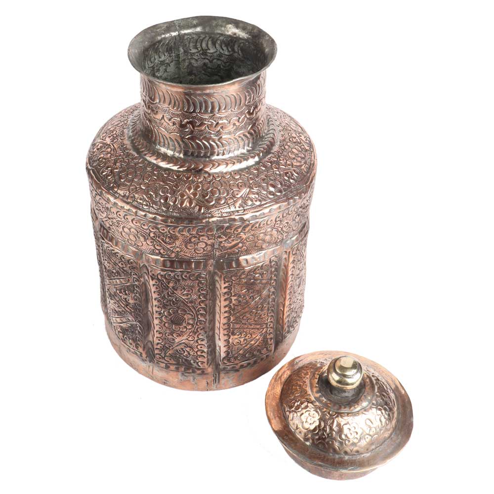 Hand Carved Floral Motifs Copper Jar with Lid