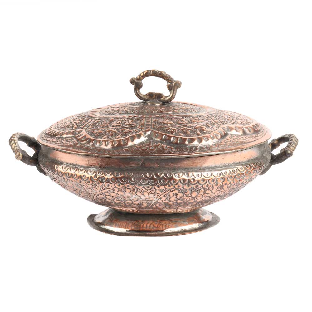 Copper Bowl With Handles in Floral And Leaf Motifs With Knob On Lid