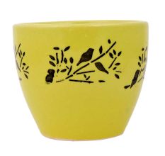 Ceramic Pot Hand painted With Yellow And Black With Small Birds On Branch