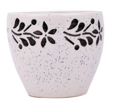 Fresh White Ceramic Pot Hand painted Black Floral Border on Top
