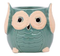 Teal Blue Painted Owl Ceramic Pot Planter