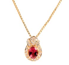 Swirl 18K Gold Pendant Oval Pink Tourmaline Stone Decorated with Small Diamonds