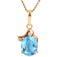 Single Oval Light Blue Topaz Stone And Diamonds 18K Gold Pendant For Women