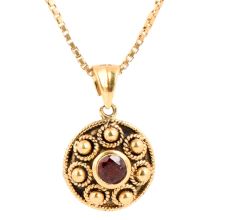 Gold Pendant Red Garnet Stone With Round Embossed Design Border