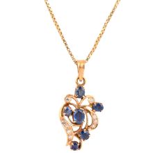 Flower Design Blue Sapphire Stones With Small Diamonds 18K Gold Pendent