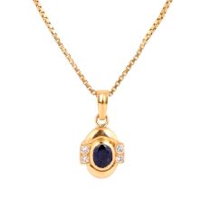 18k Gold Pendant With Single Oval Blue Sapphire Stone And Diamonds