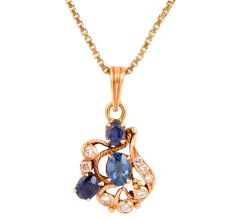 Artistic 18 k Gold Pendant With Blue Sapphire Stones and Diamonds