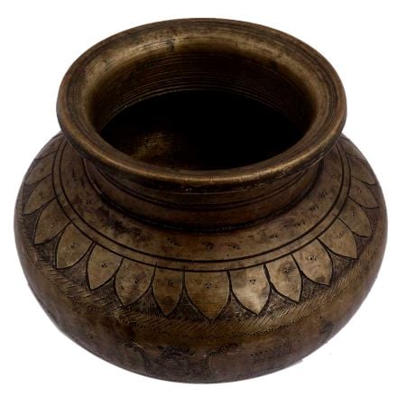 Brass Holy Water Pot With God Image And Floral Border