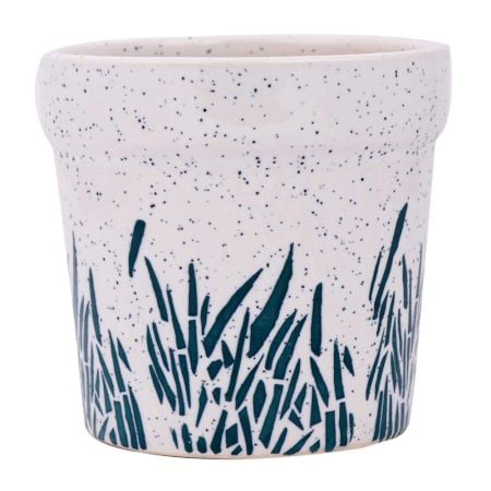 White Ceramic Pot For Indoor Plants With Hand Painted Leaves