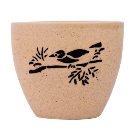 Beige Ceramic Pot With Hand painted Black Bird On Branch