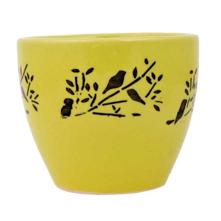 Ceramic Pot Hand painted With Yellow And Black With Small Birds On Branch