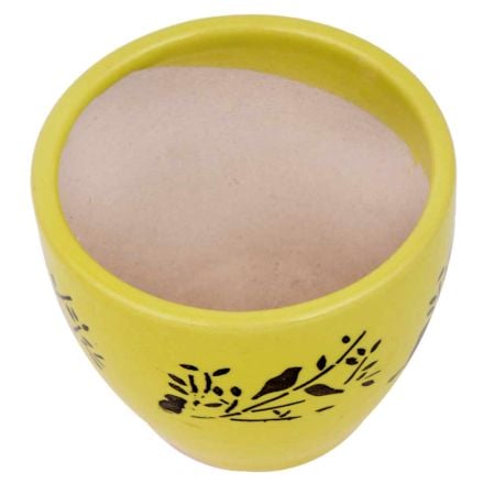 Ceramic Pot Hand painted With Yellow And Black With Small Birds On Branch