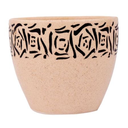 Beige Ceramic Pot With Hand painted Black Abstract Design