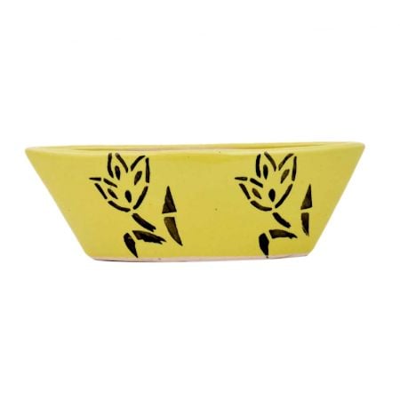 Oval Shape Yellow Ceramic Pot With Hand painted Black Flowers