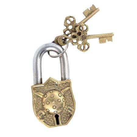 Brass Dhal Talwar Design Padlock With 2 Decorative Keys