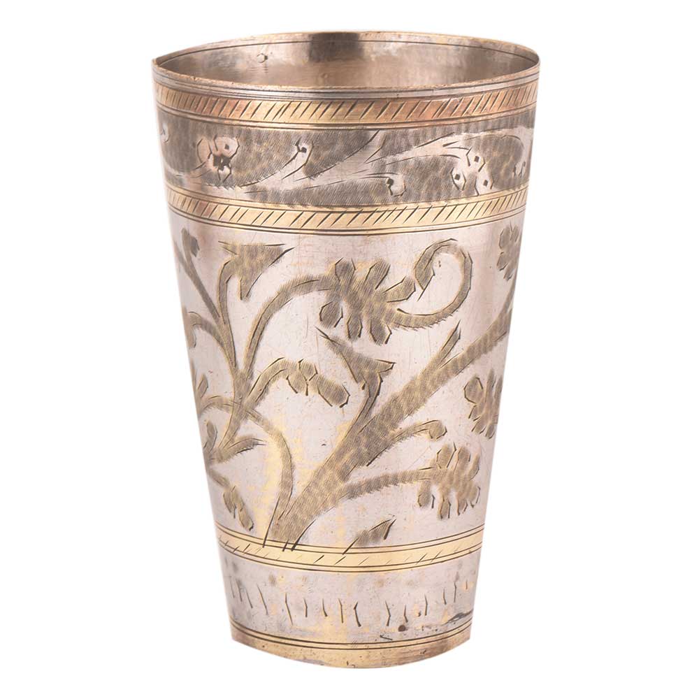 Brass Punjabi Lassi Glass With Leaf Pattern And Gold Detailing