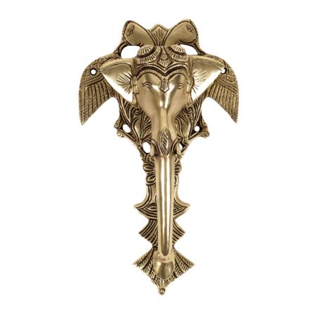 Large Intricately Carved  Elephant Head With Long Trunk Brass Door Knocker With Peacocks In Gold Finish