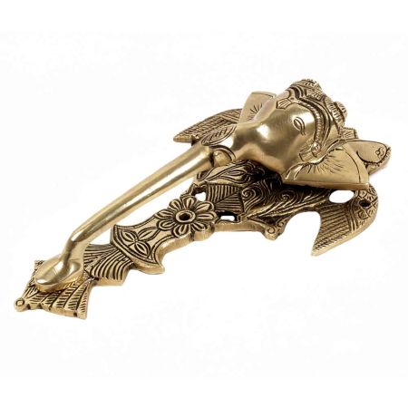 Large Intricately Carved  Elephant Head With Long Trunk Brass Door Knocker With Peacocks In Gold Finish