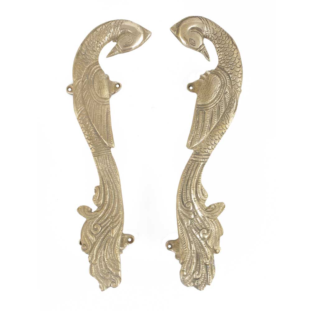 Handmade Brass Peacock Door Handles With Engraved Design In Pair