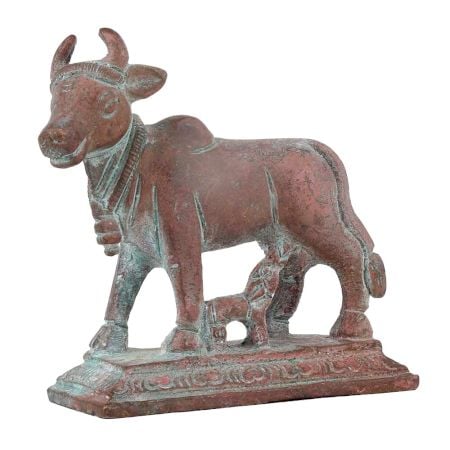 Handmade Copper Finish Brass Kamdhenu Cow With Calf Idol