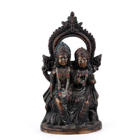 Handmade Oxidized Brass Sitting Lord Vishnu Laxmi Statue