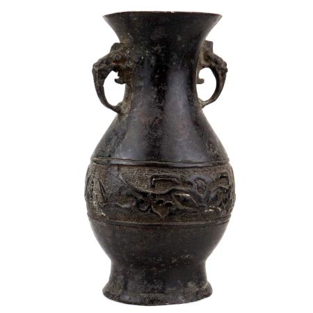 Handmade Dark Patina Asian Brass Vase With Decorative Handles