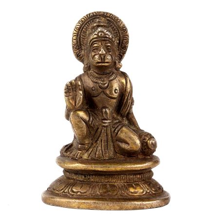 Handmade Golden Brass Hanuman Statue Sitting with Club