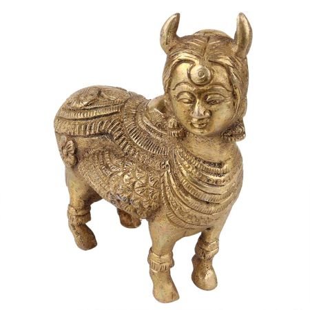 Handmade Golden Brass Indian Cow Kamdhenu Statue