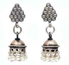 Handmade Oxidized Silver Jhumki Earrings Grape Cluster Stud and Hanging Beads