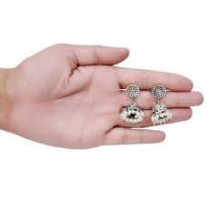 Handmade Oxidized Silver Floral Stud Jhumki Jhumka Earring With Pearl Beads