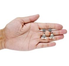 Handmade Oxidized Silver Pearl Floral Stud Jhumki Jhumka Earring