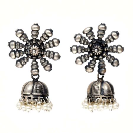 HandmadeÂ Oxidized Silver Jhumki Jhumka Earrings For Women With Sun Shape Stud