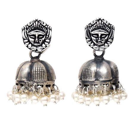 Handmade Oxidized Silver Goddess Durga Face Jhumki Earrings With Stones