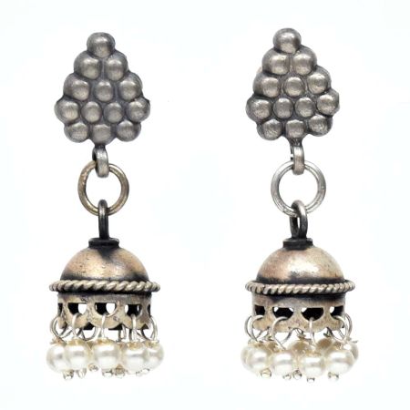 Handmade Oxidized Silver Jhumki Earrings Grape Cluster Stud and Hanging Beads