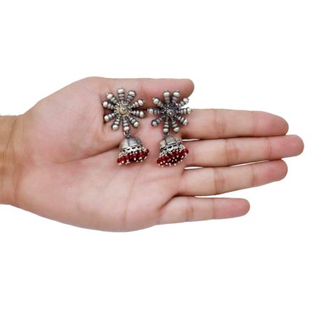 Handmade Oxidized Silver With Sun design Stud Jhumka Jhumki EarringsÂ With Red Beads
