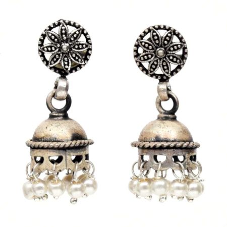 Handmade Oxidized Silver Pearl Floral Stud Jhumki Jhumka Earring