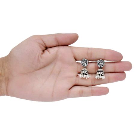 Handmade Oxidized Silver Goddess Face Bell Shape With Pearl Hangings