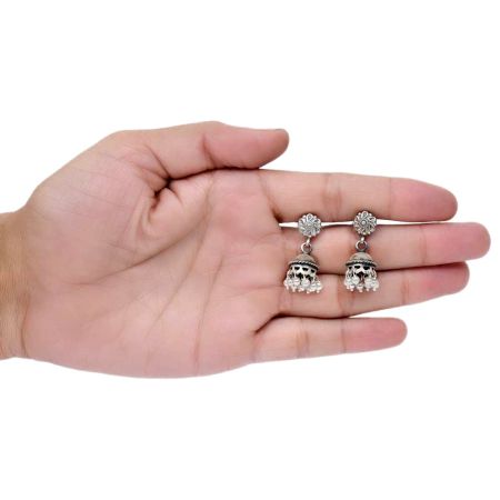 Handmade Oxidized Silver Floral Jhumka Earrings With Pearl Hangings For Women And Girls