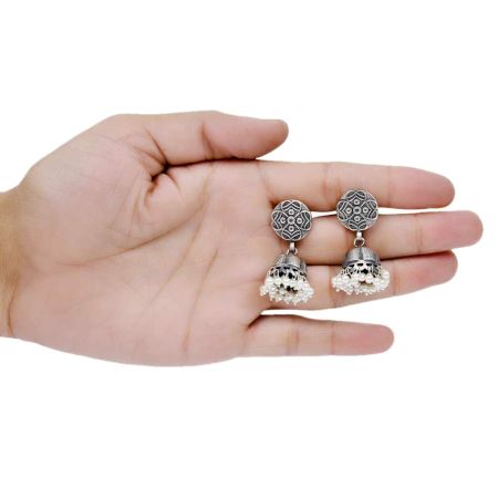 Handmade Oxidized Silver Round Engraved  Jhumki Earrings With Pearl Hangings
