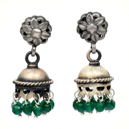 Handmade Oxidized Silver Stud Jhumka Earrings for Girls and Women With Green Beads