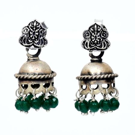Handmade Oxidized Silver Jhumki Earring For Women With Engraved  Floral Stud And Green Beads