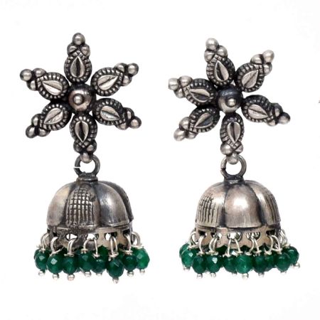 Handmade Oxidized Floral Antique Tribal Jhumki With Green Beads