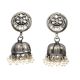 Handmade Oxidized Silver Engraved Jhumki Earrings With Pearl Bead Hangings